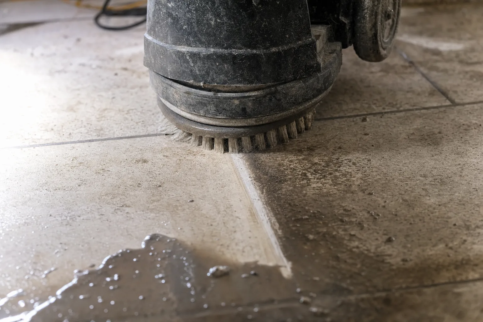 Grout lines being deep cleaned between stone tiles