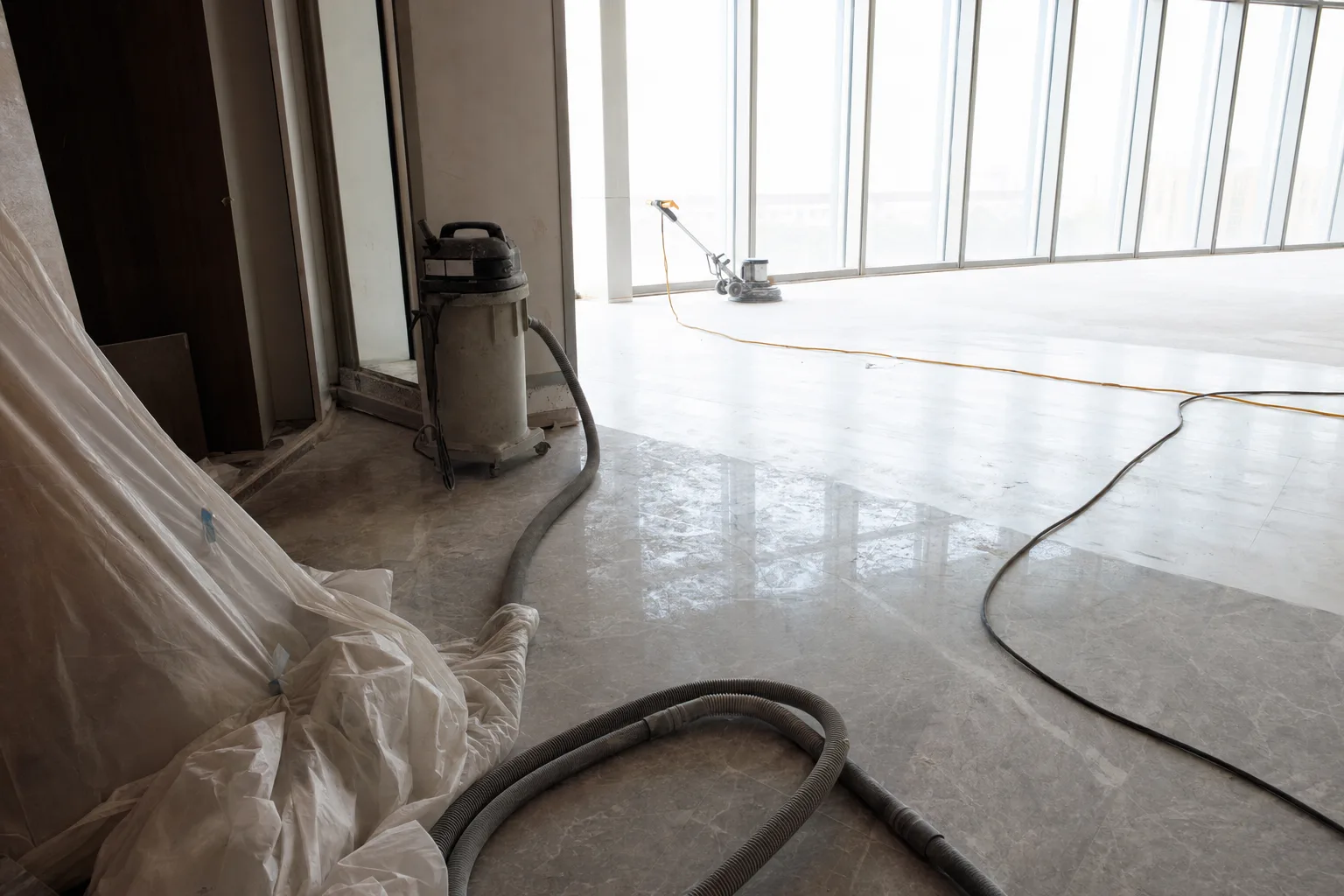 Post-construction cleaning of a newly finished marble interior