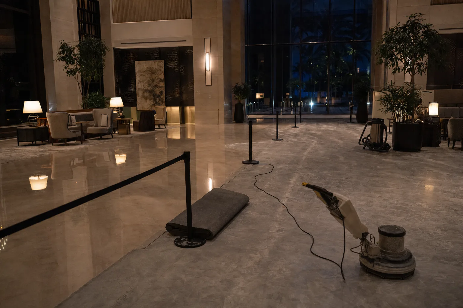 Night-shift marble restoration in a five-star hotel lobby