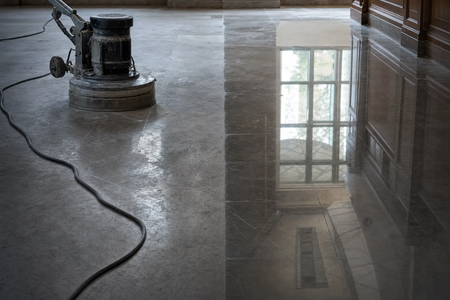 Marble floor mid-restoration, dull stone on one side and mirror finish on the other