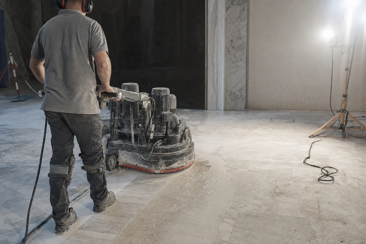 Technician running a planetary floor grinder across a marble floor