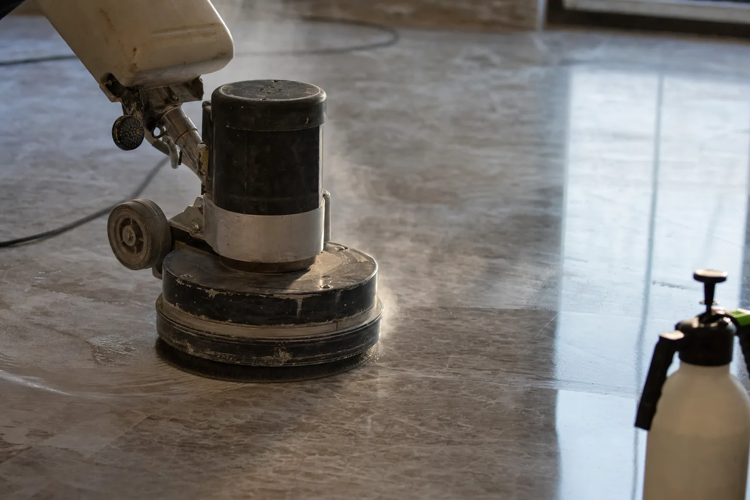 Crystallization pass buffing marble to a high-gloss finish with steel wool