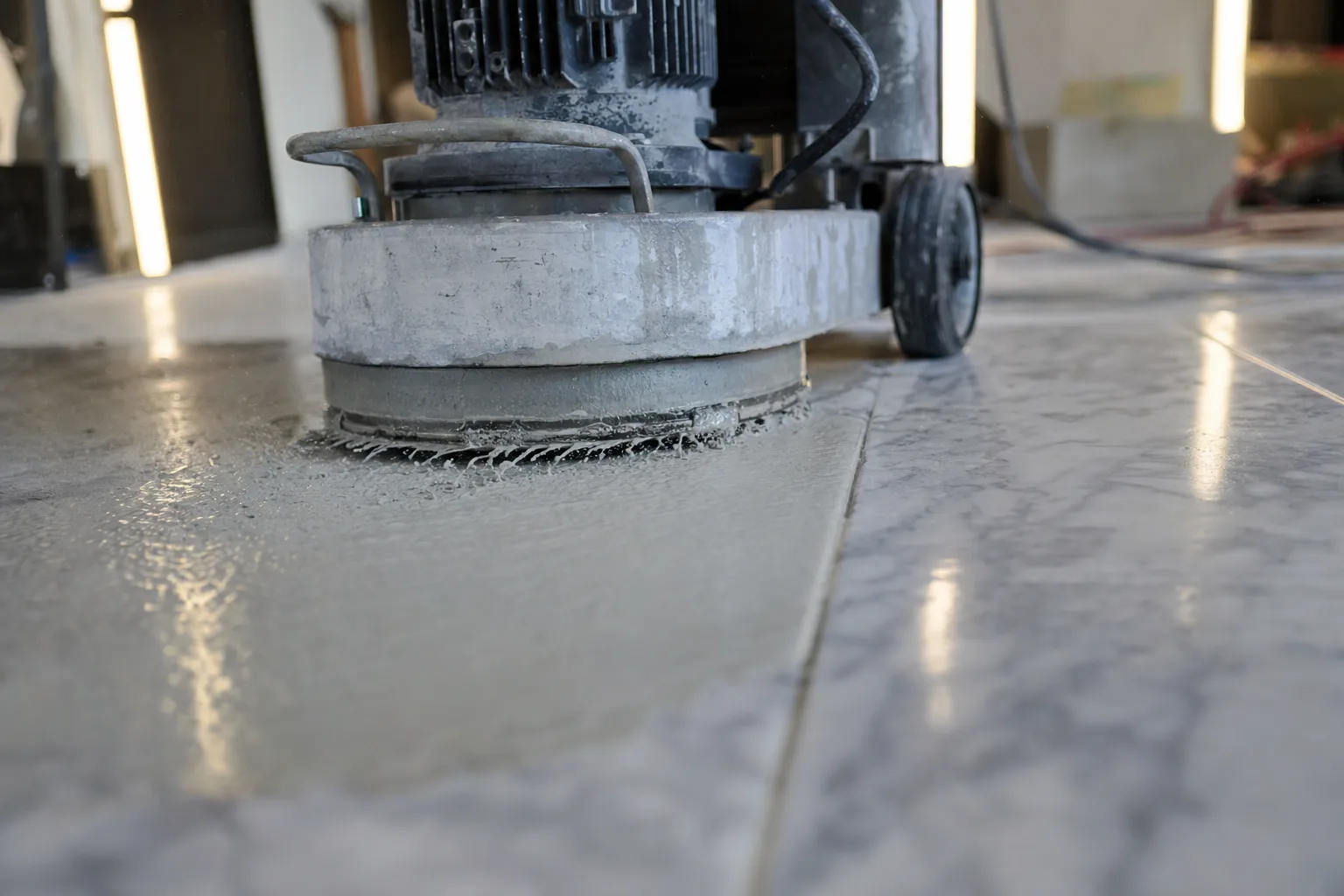 Diamond grinding pass removing lippage from marble tile edges