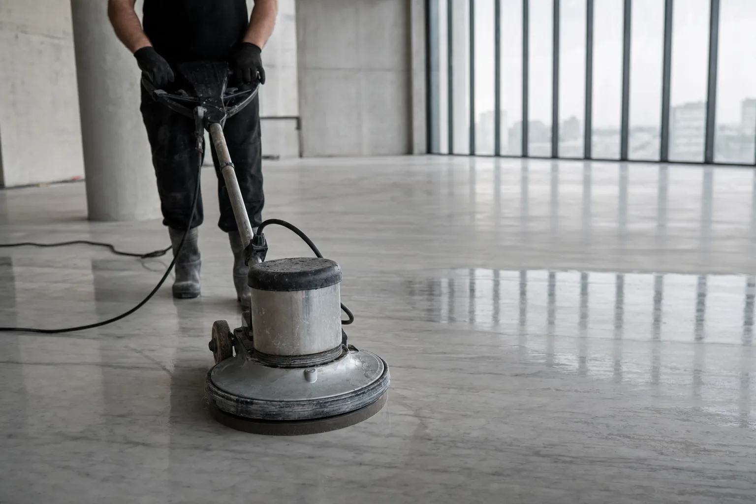 Honing pass bringing a marble floor to an even satin finish
