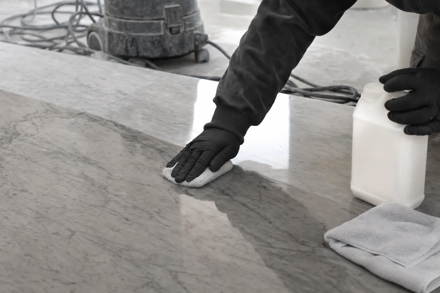 Applying impregnating sealer to restored marble with a microfibre applicator