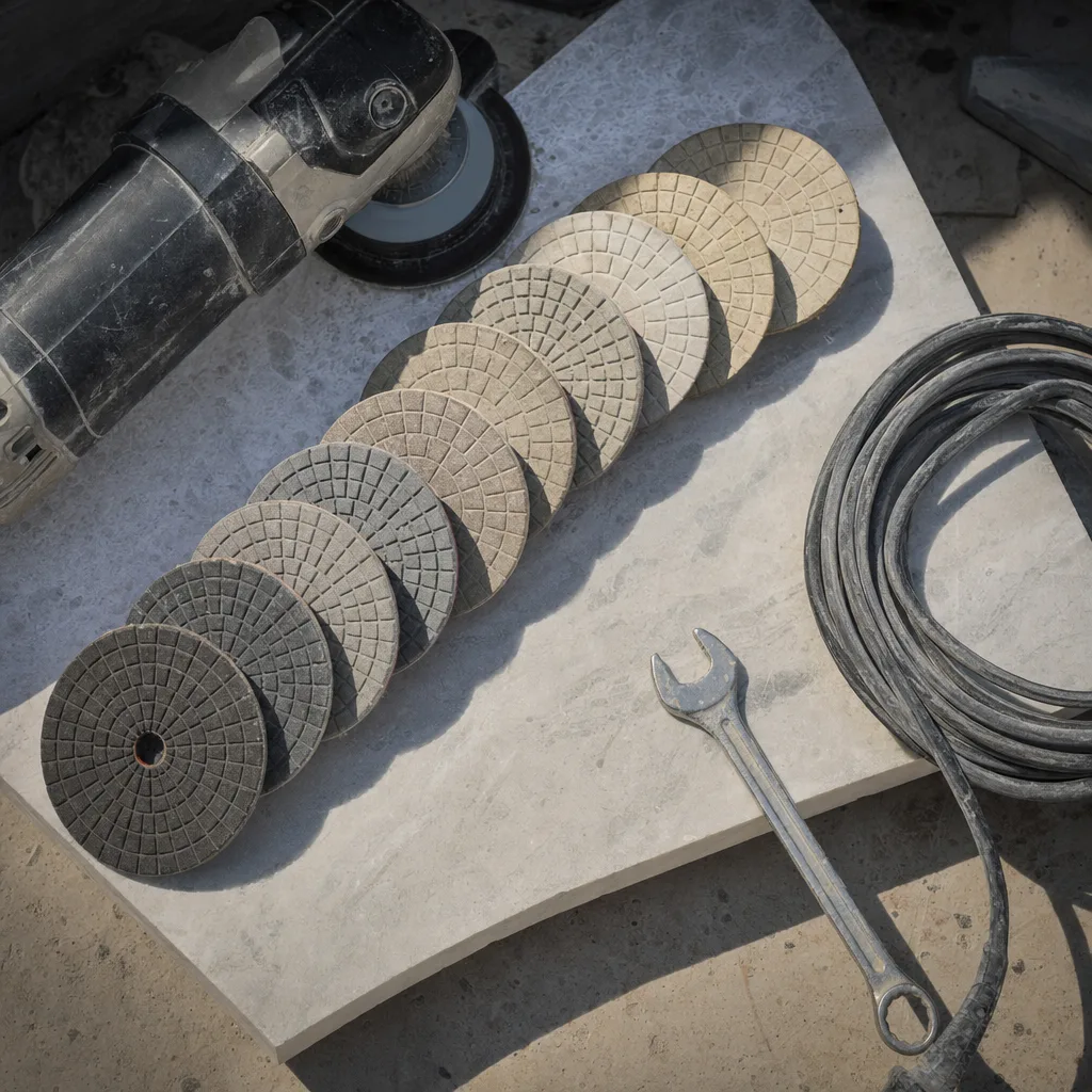 Graded set of diamond polishing pads laid out on a marble slab