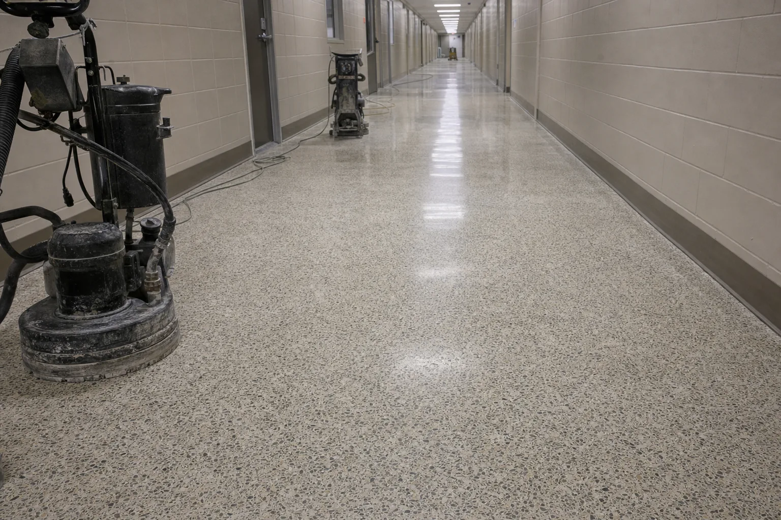 Terrazzo floor ground back and polished in an institutional corridor