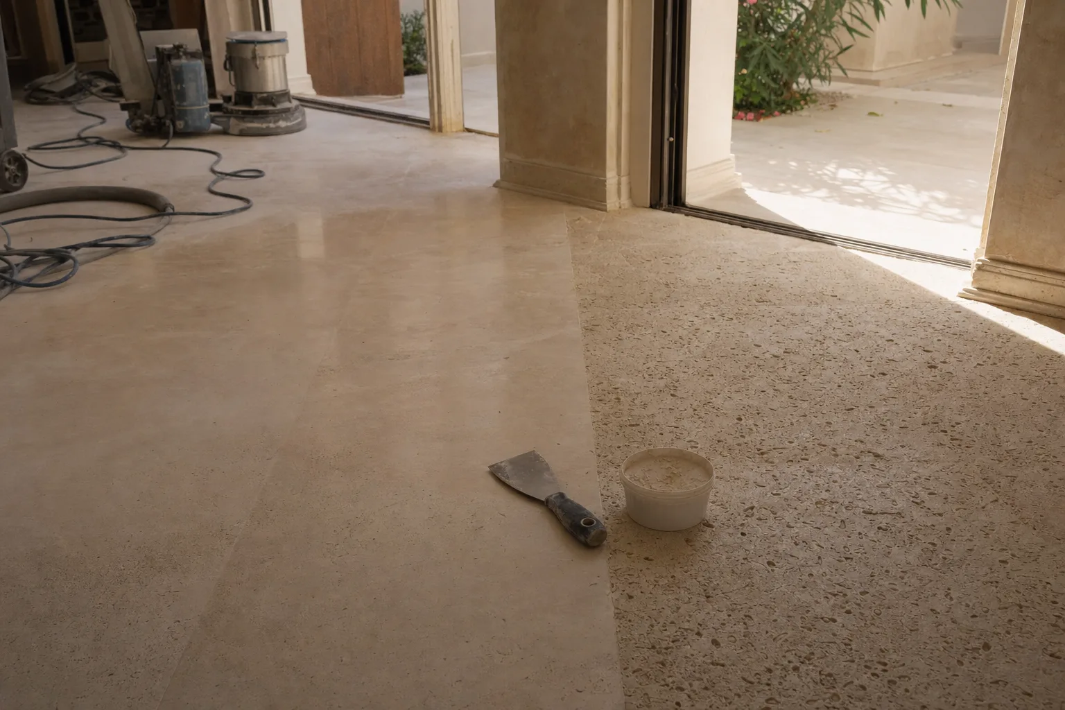 Travertine floor being honed and filled to a smooth matte finish