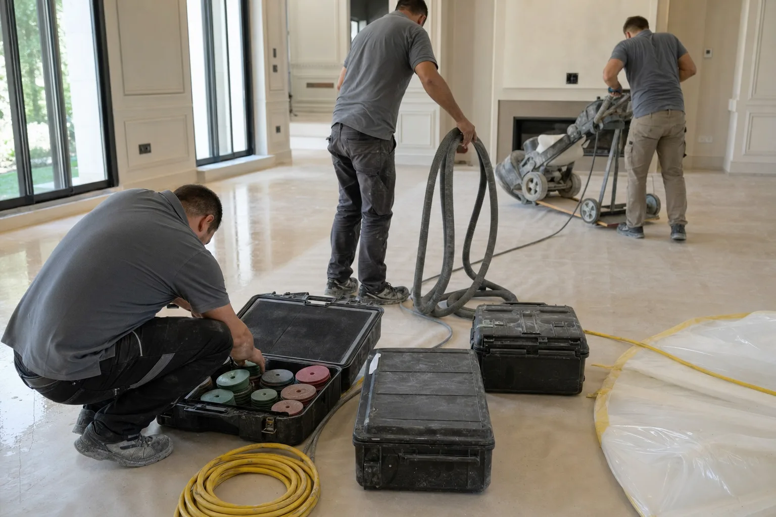 Stone restoration crew preparing equipment on site
